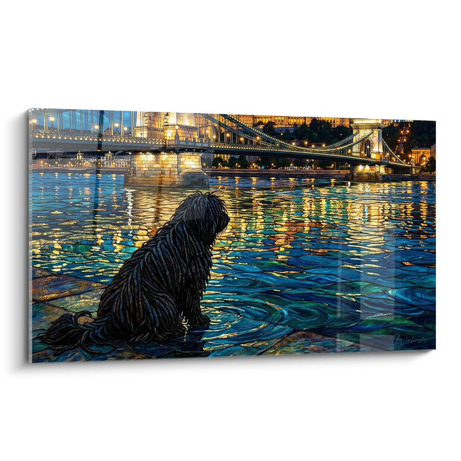 Tableau Chien Noir au Bord de l'Eau avec Pont Illuminé - Reflets Nocturnes - Edition Puli