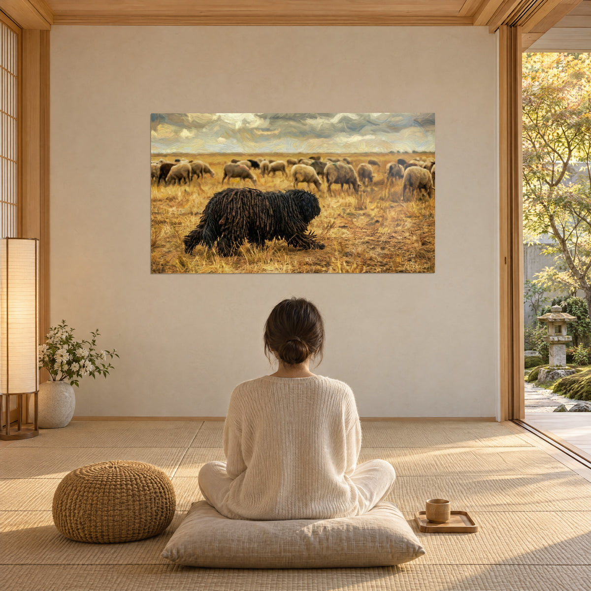 Cuadro Puli negro de mechas gruesas en una llanura de trigo dorado, rebaño pastando, mujer de espaldas sentada en meditación frente a un jardín japonés