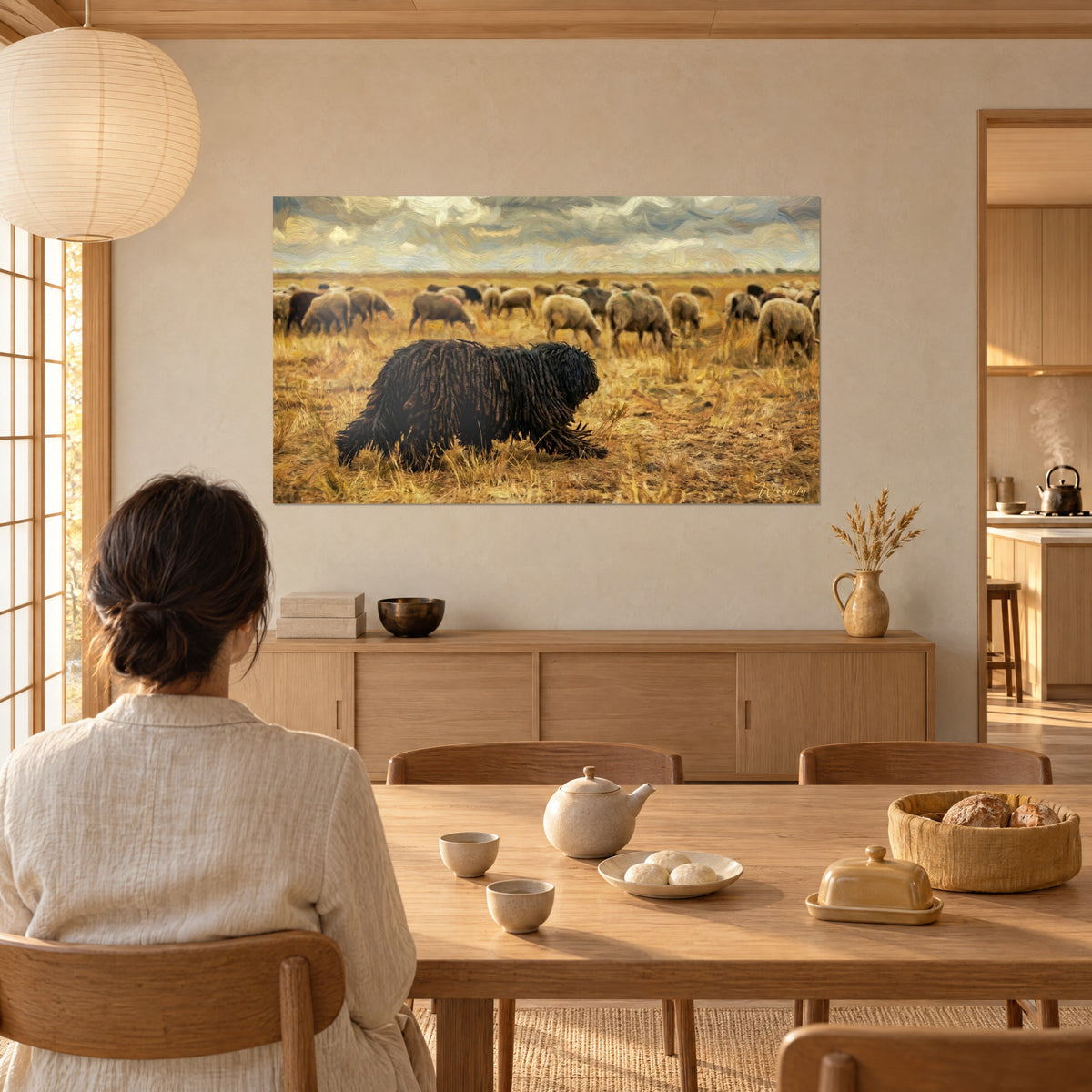 Cuadro Puli oscuro de pelo largo trenzado ante ovejas pastando, hierba amarillo paja, cielo tormentoso, mujer de espaldas en una mesa de una casa japandi