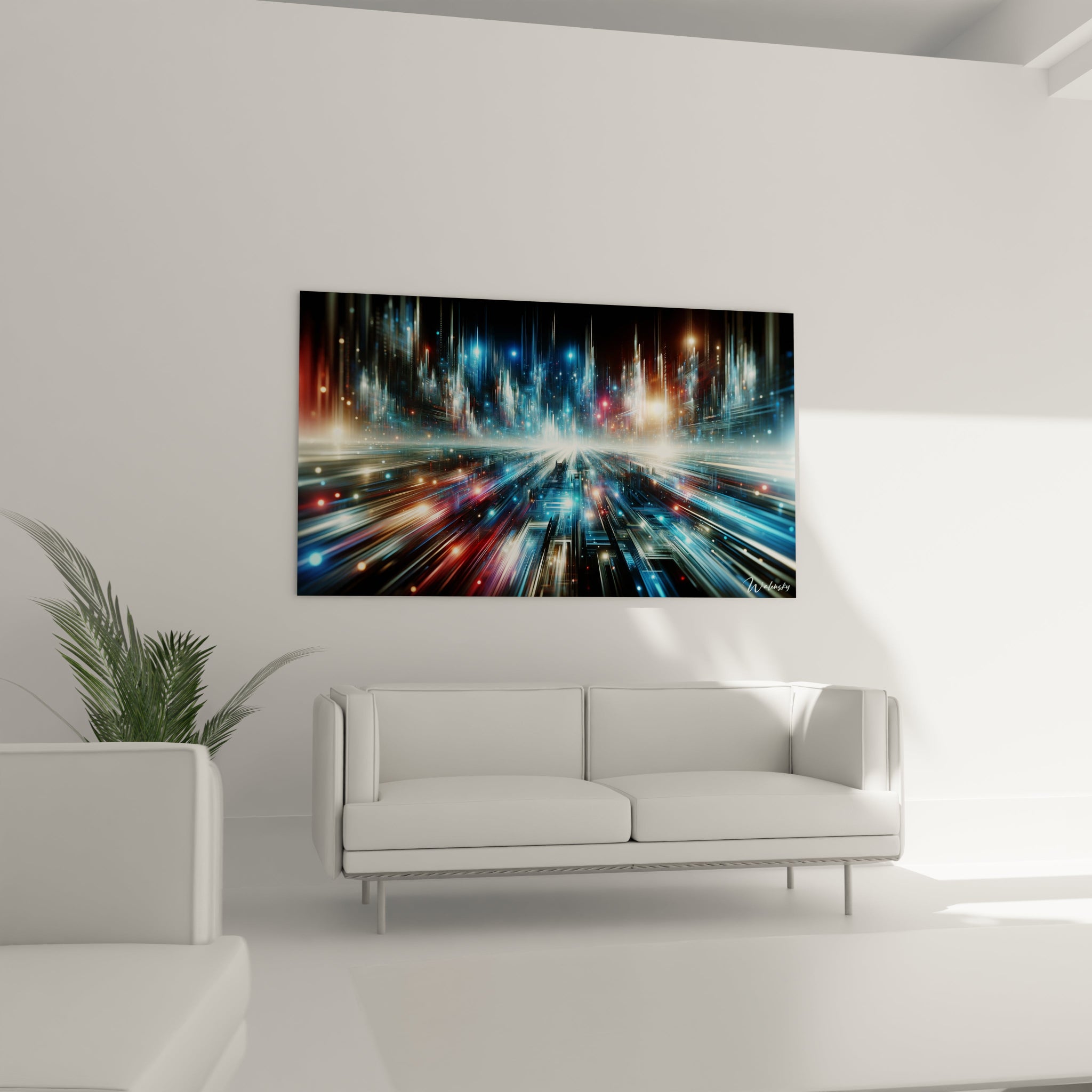 Tableau abstrait montrant une métropole digitale vue en accélération. Spectre chromatique de bleu glacial, rouge profond et éclats dorés sur arrière-plan sombre. Effet visuel de filés lumineux et points scintillants évoquant circulation et éclairage urbain. Composition avec point de fuite central et trajectoires lumineuses créant une impression de déplacement rapide.
