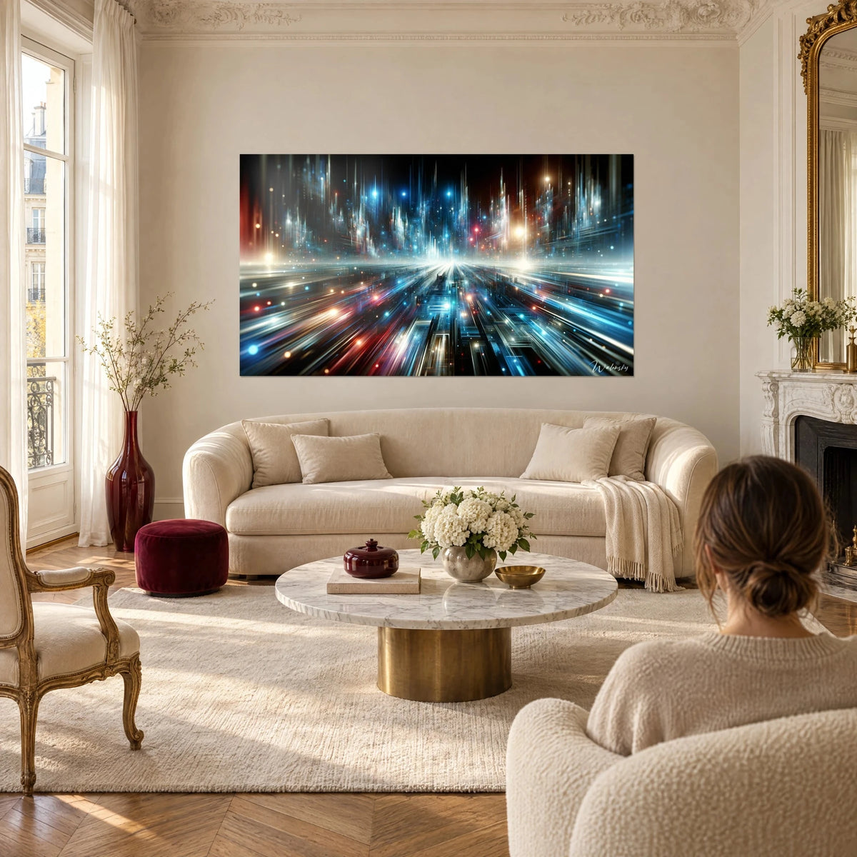 Gemälde elektrische Metropole mit eisblauen und karminroten Schlieren, goldenen Lichtern, über einem Sofa in einem hellen Wohnzimmer