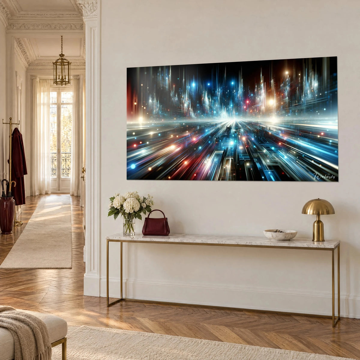 Gemälde futuristische Stadt aus türkisfarbenen und bernsteinfarbenen Lichtfäden, weißer Fluchtpunkt, an einer Haussmann-Wand neben einer Konsole