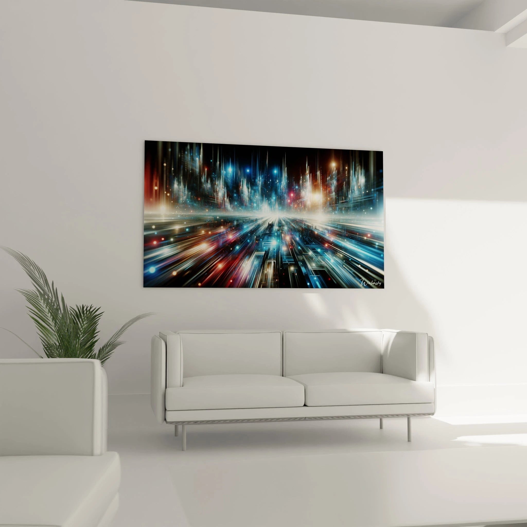 Tableau abstrait montrant une métropole digitale vue en accélération. Spectre chromatique de bleu glacial, rouge profond et éclats dorés sur arrière-plan sombre. Effet visuel de filés lumineux et points scintillants évoquant circulation et éclairage urbain. Composition avec point de fuite central et trajectoires lumineuses créant une impression de déplacement rapide.

