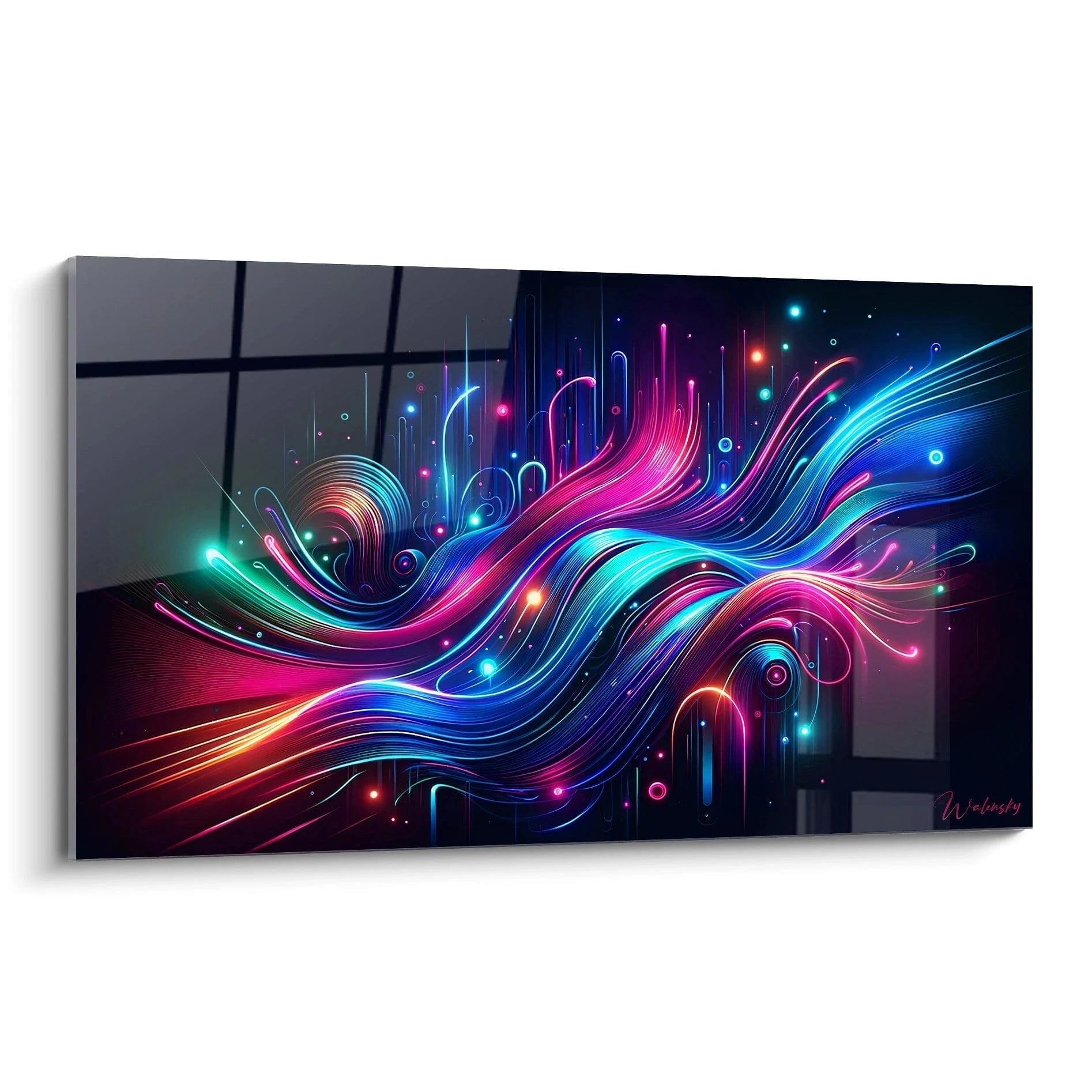 Tableau abstrait représentant des rubans lumineux ondulants sur fond noir profond. Palette vibrante de bleu cyan, rose fuchsia, violet et touches orangées. Texture néon avec lignes fluides superposées et points lumineux colorés. Composition dynamique avec structures sinueuses entrelacées et courbes gracieuses créant un effet de mouvement continu.
