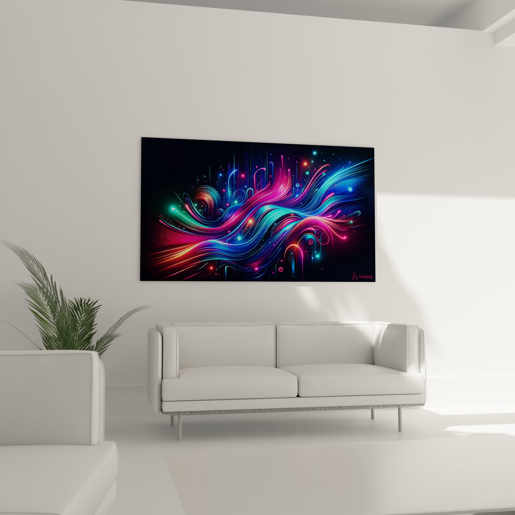 Tableau abstrait montrant des flux énergétiques stylisés aux couleurs néon. Spectre chromatique de bleu électrique, rose fuschia et violet pourpre avec points lumineux dispersés. Effet visuel de fibres optiques avec lignes courbes parallèles et formes circulaires brillantes. Composition horizontale avec ondulations rythmiques et tourbillons latéraux créant une impression de fluidité technologique.
