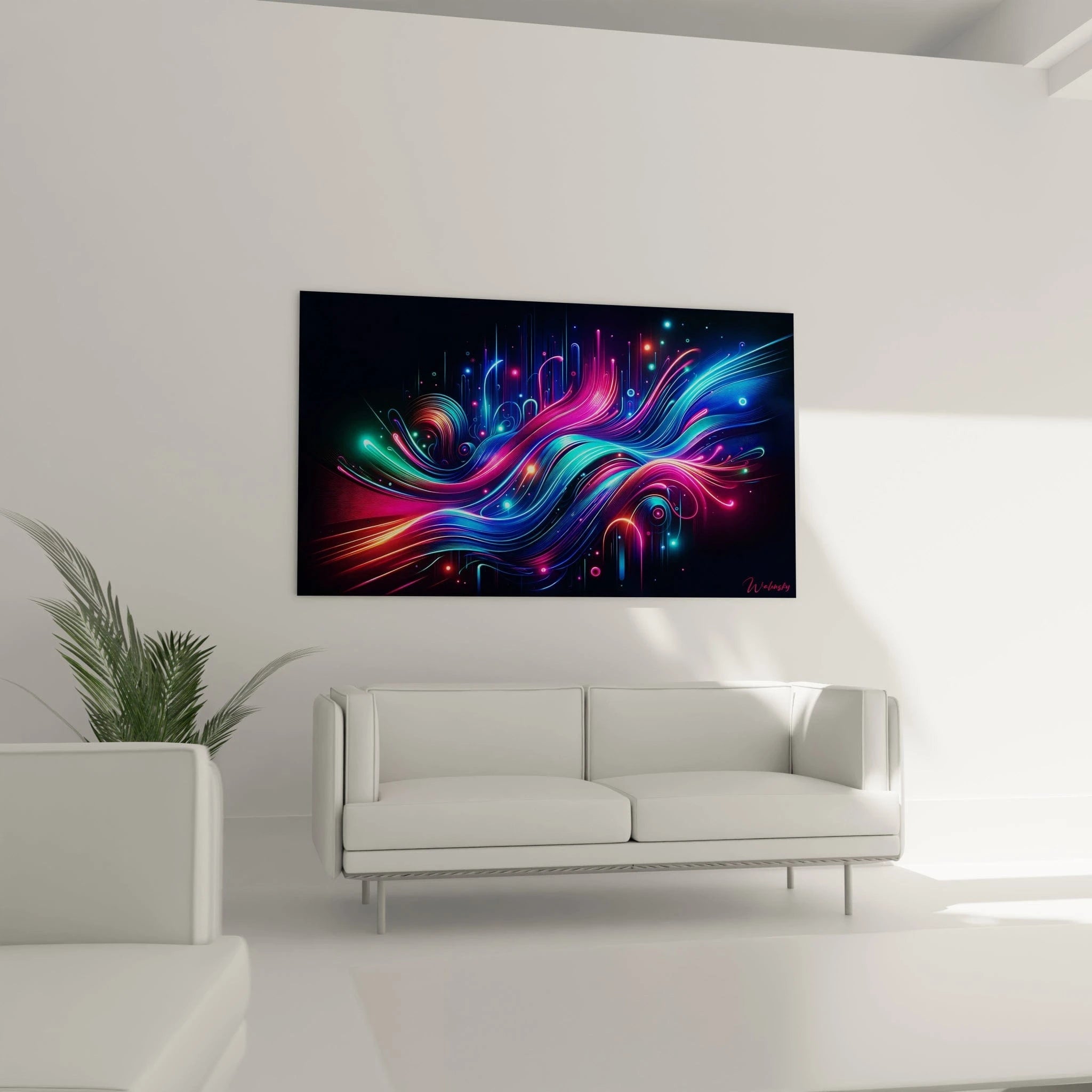 Tableau abstrait montrant des flux énergétiques stylisés aux couleurs néon. Spectre chromatique de bleu électrique, rose fuschia et violet pourpre avec points lumineux dispersés. Effet visuel de fibres optiques avec lignes courbes parallèles et formes circulaires brillantes. Composition horizontale avec ondulations rythmiques et tourbillons latéraux créant une impression de fluidité technologique.
