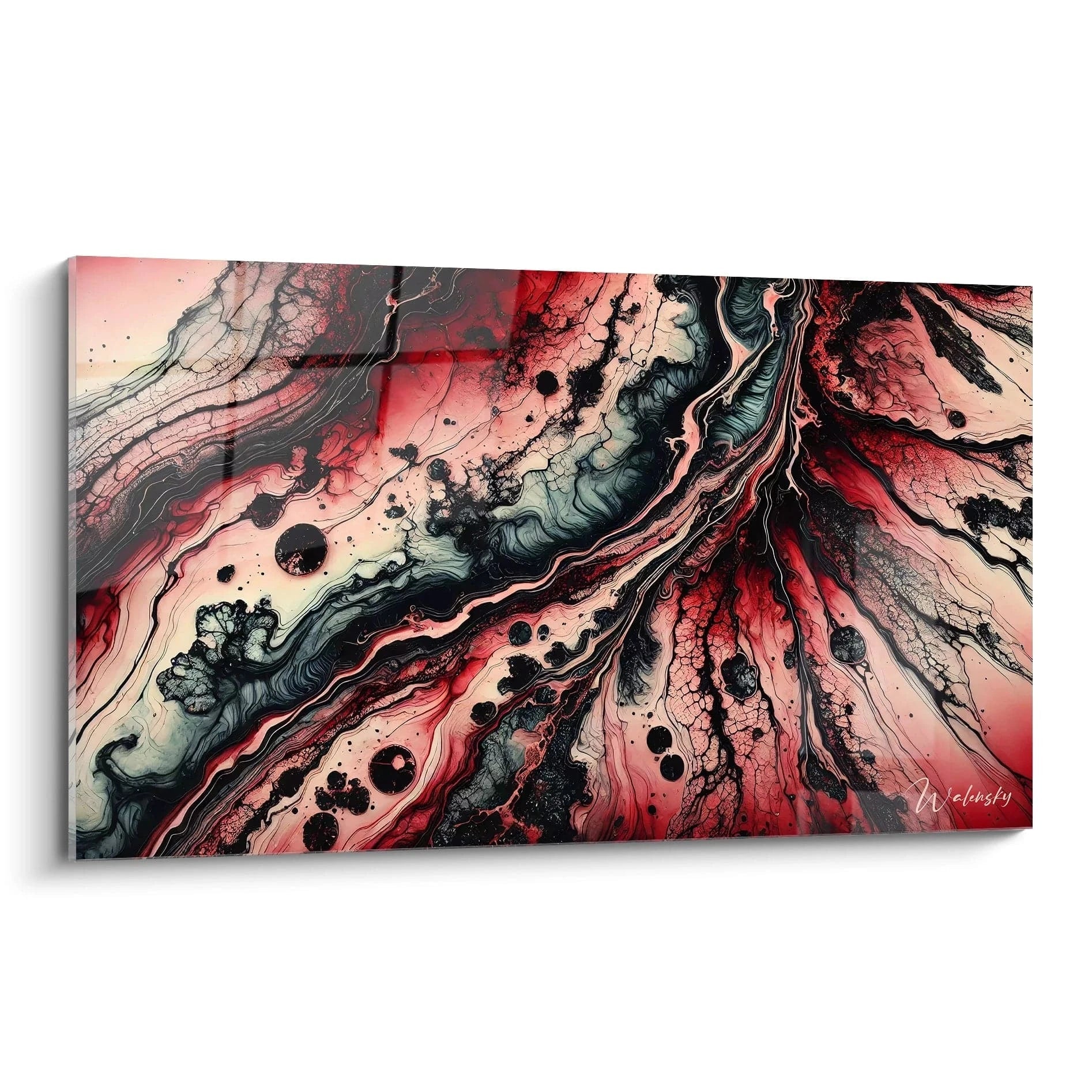 Vue de biais du tableau : Un tableau style epoxy, mélange de rouge vif, noir intense et gris, capturant la lutte entre chaos et calme. Le fluide mouvement de la résine époxy crée une dynamique puissante.

