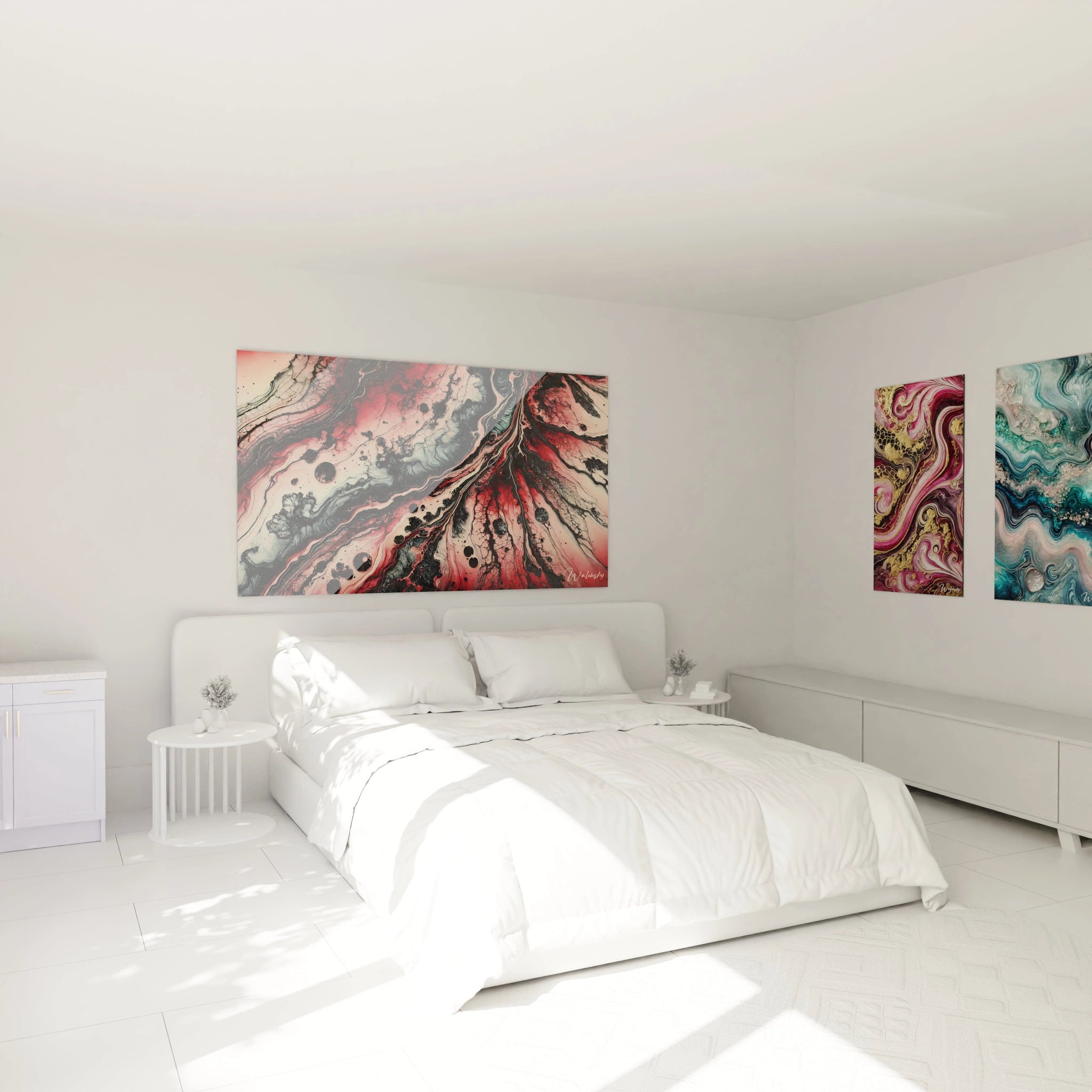 Tableau accroché au-dessus du lit : Ce tableau style epoxy, avec ses couleurs vibrantes de rouge et noir, transforme l’espace au-dessus du lit en un lieu de contemplation intense, mêlant calme et énergie brute.

