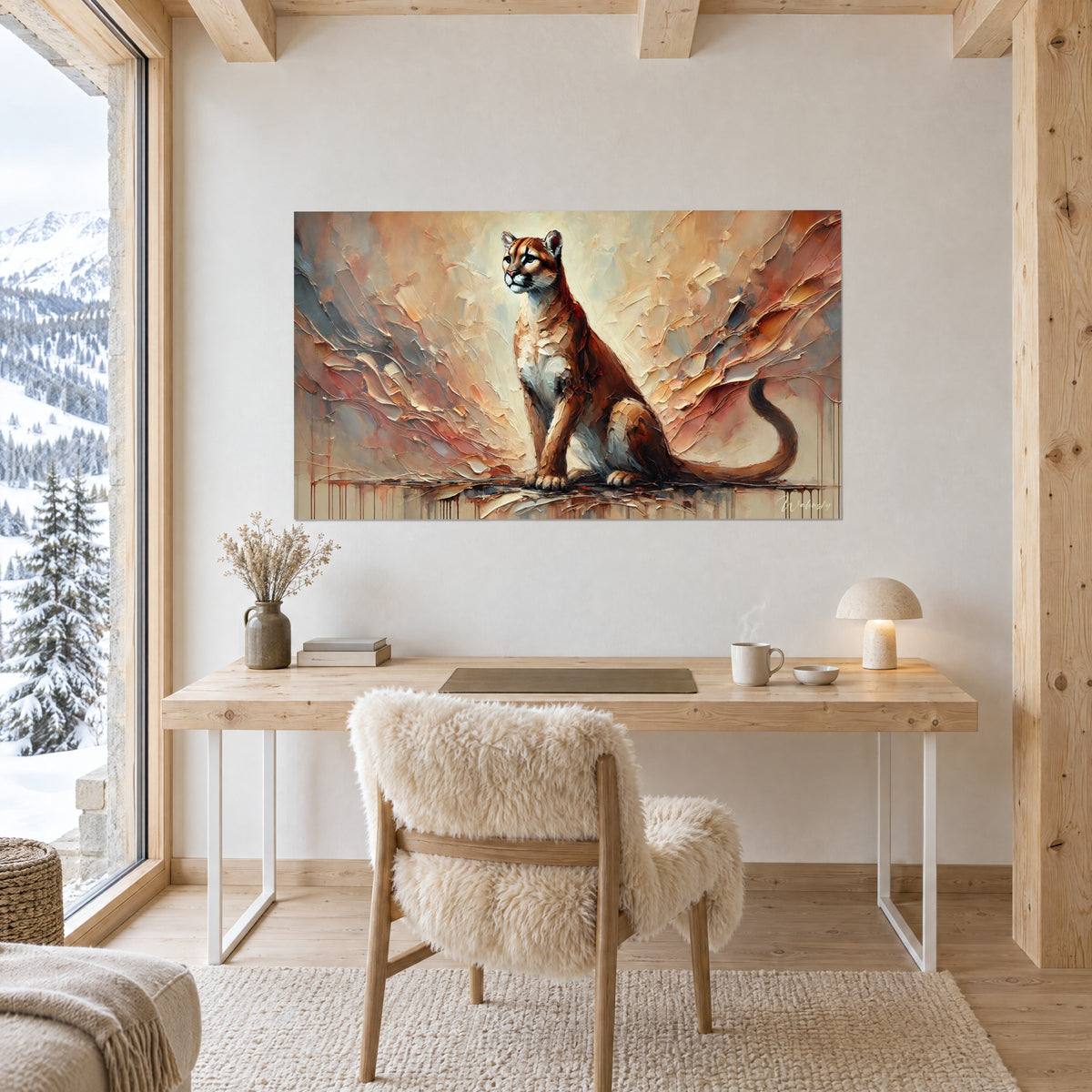 Schilderij poema in profiel met opgestoken oren, roestkleurig paletmes, gedempt crème en turkoois, licht houten bureau met leren stoel