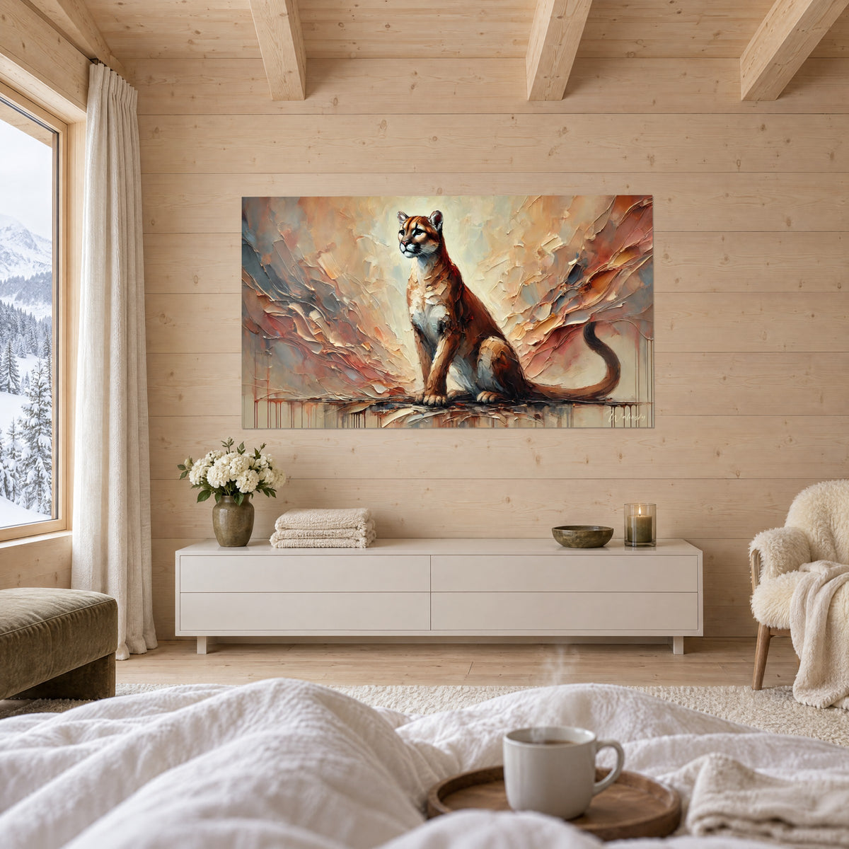 Schilderij wilde kat met blauwgrijze blik, roodbruine en okerkleurige vacht, beige verticale druipsporen, boven een bed in een lichte slaapkamer