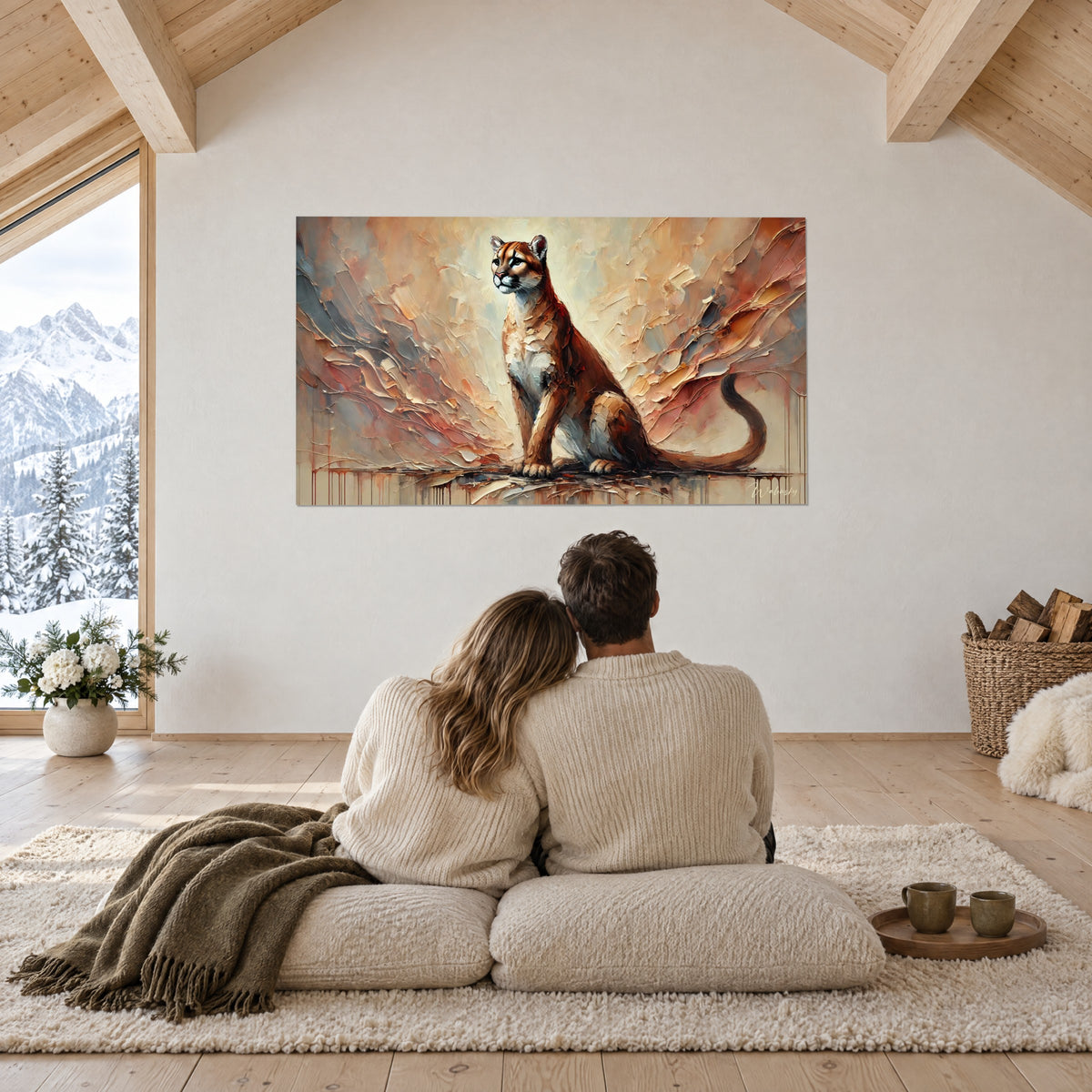 Schilderij Rocky Mountain-panter in olieverf, beige en koraalkleurige achtergrond, koppel van achteren zittend op het kleed met uitzicht op de bergen