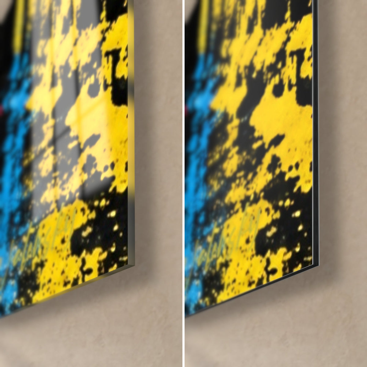 Tableau crête fuchsia en sérigraphie, coin bas droit : verre brillant à gauche, Dibond mat noir et jaune à droite, tranche de 3 mm