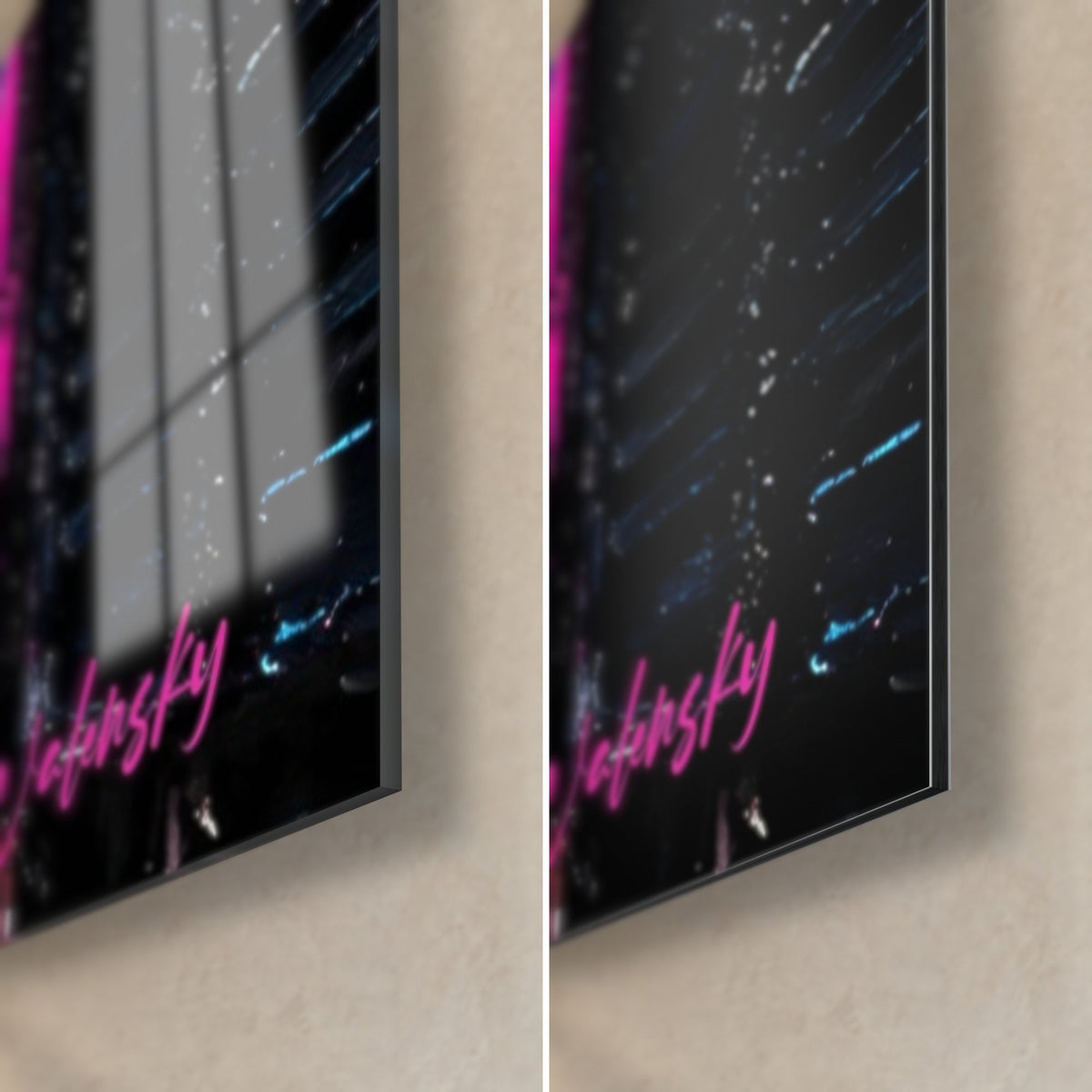 Tableau punkette à crête rose, coin bas droit : verre brillant à gauche, Dibond mat noir à droite, tranche de 3 mm visible