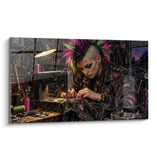 Tableau Punkette à crête rose et verte cousant - Ouvrage rebelle - Edition Punk