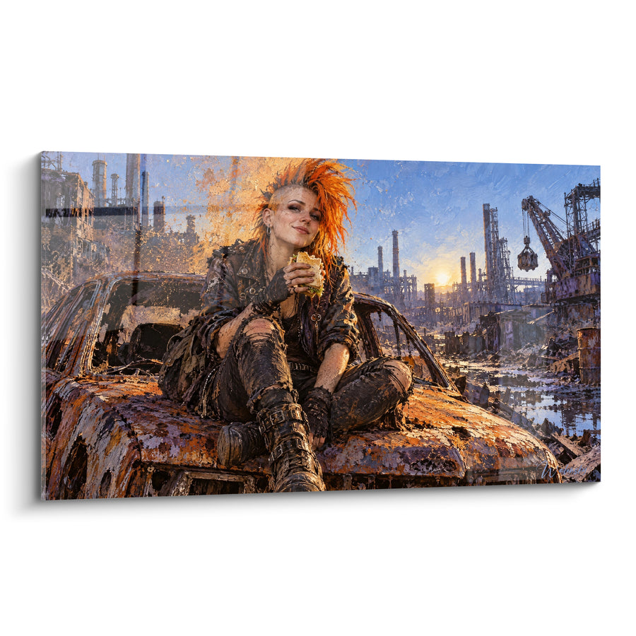 Tableau Punkette à crête orange sur épave rouillée - Pause en terrain hostile - Edition Punk