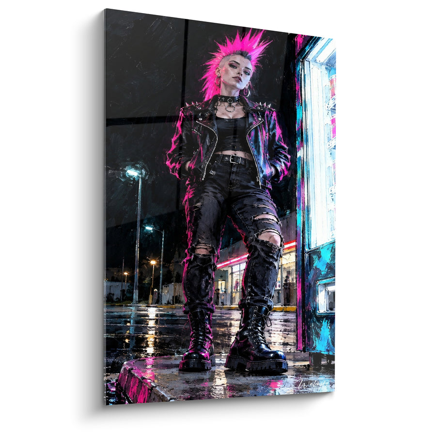 Tableau Punkette crête rose et noire devant distributeur turquoise - Trottoir mouillé nocturne - Edition Punk