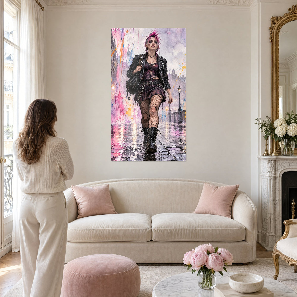 Gemälde Junger Punk mit fuchsiafarbenem Irokesen in Lederjacke, Netzstrumpfhose, Aquarell in Rosa und Violett, über einem Sofa in einem lichtdurchfluteten Wohnzimmer