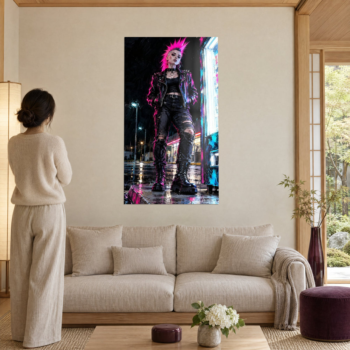 Tableau punkette à crête rose fluo, perfecto noir clouté et bottes cirées, trottoir mouillé nocturne, au-dessus d'un canapé dans un salon lumineux