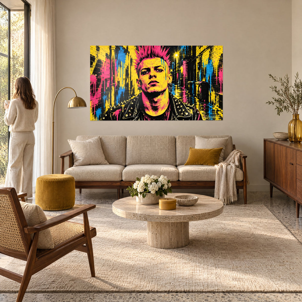 Tableau jeune punk à crête rose, regard sombre et blouson clouté, jaune et bleu éclaboussés, au-dessus d'un canapé dans un salon lumineux