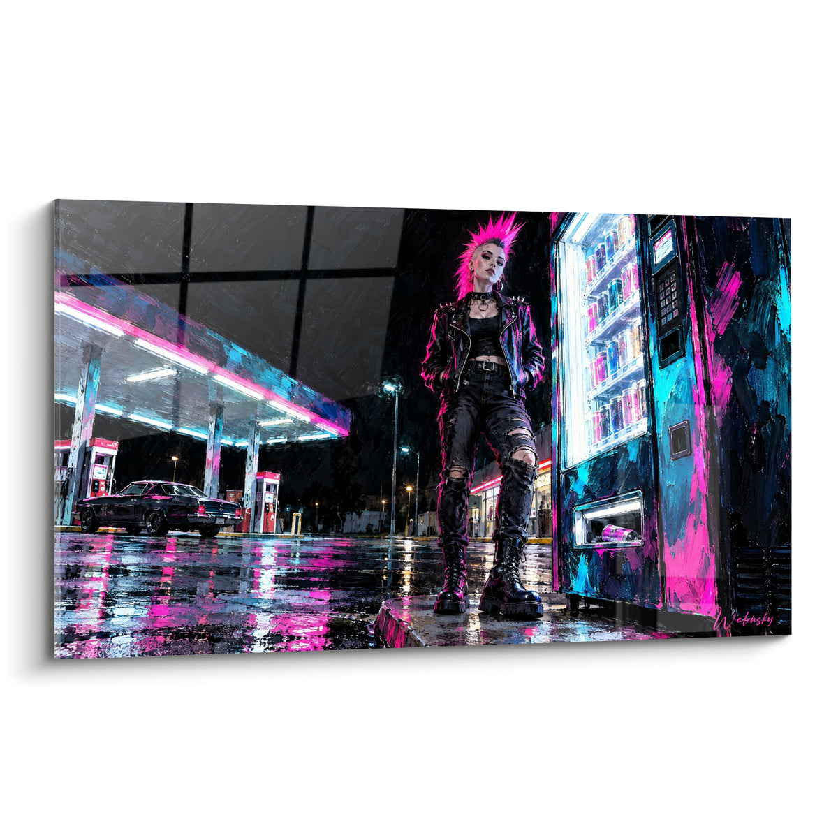 Tableau punk à crête rose fluo devant une station-service bleu et magenta sous la pluie nocturne