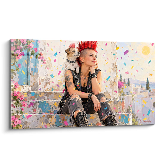 Tableau Punkette à crête rouge et chien complice - Complicité rebelle - Edition Punk