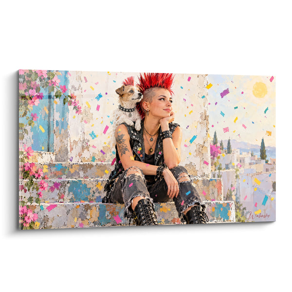 Tableau Punkette à crête rouge et chien complice - Complicité rebelle - Edition Punk