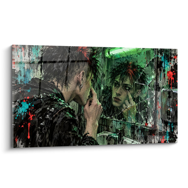 Tableau Punk à crête rouge devant miroir fêlé - Rituel avant combat - Edition Punk
