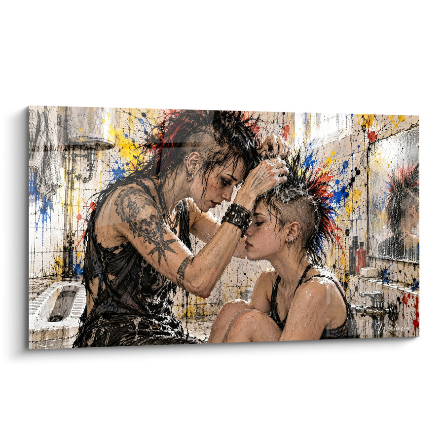 Tableau Deux femmes aux crêtes rouge et noire - Tendresse rebelle - Edition Punk