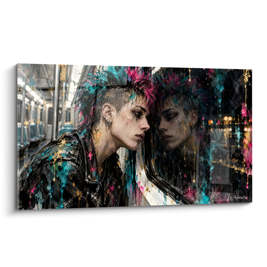 Tableau Punk à crête turquoise et rose dans un métro - Rêverie nocturne - Edition Punk