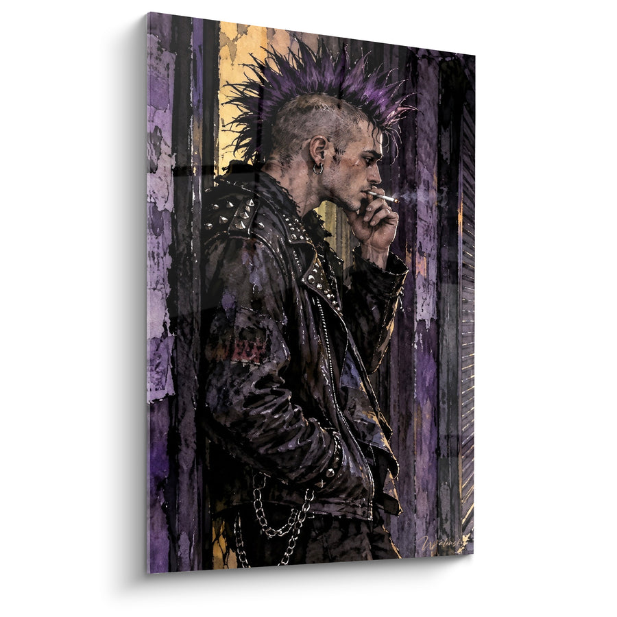 Tableau Homme à crête violette fumant une cigarette - Veste à chaîne argentée - Edition Punk