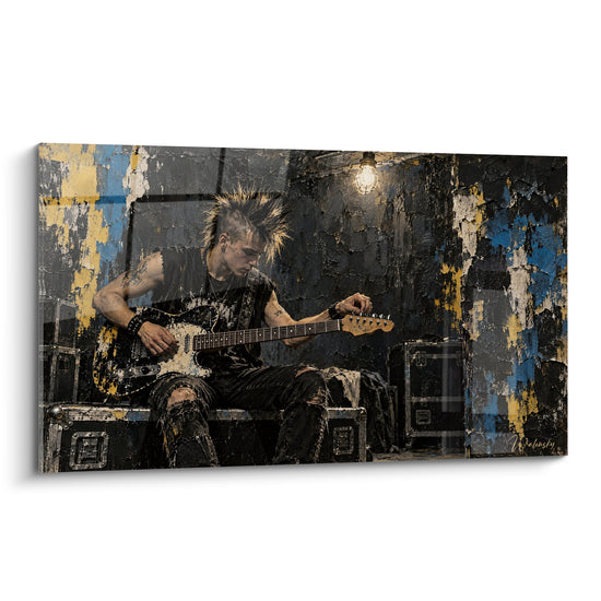 Tableau Guitariste à crête accordant sa guitare usée - Avant le concert - Edition Punk