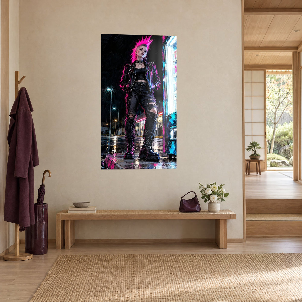 Tableau jeune punk en jean noir déchiré sous un lampadaire, distributeur turquoise lumineux, vu de trois-quarts dans un hall japandi