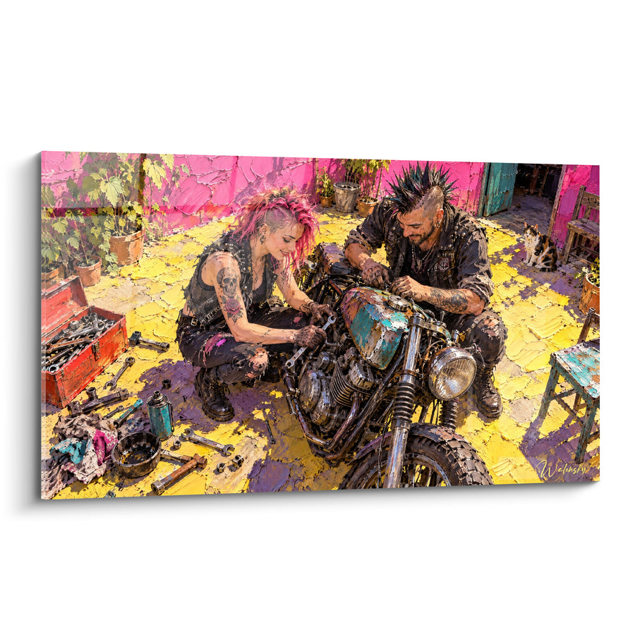 Tableau Motards réparant une moto sur sol jaune - Complicité mécanique - Edition Punk
