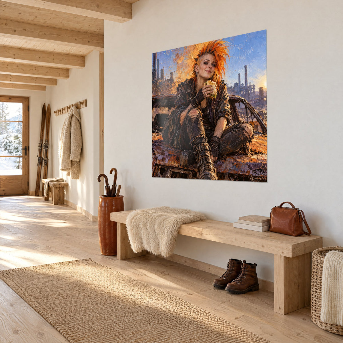 Tableau jeune rebelle aux cheveux orange, veste de cuir noire et bottes à boucles, assise sur un capot, cheminées d'usine, chalet lumineux