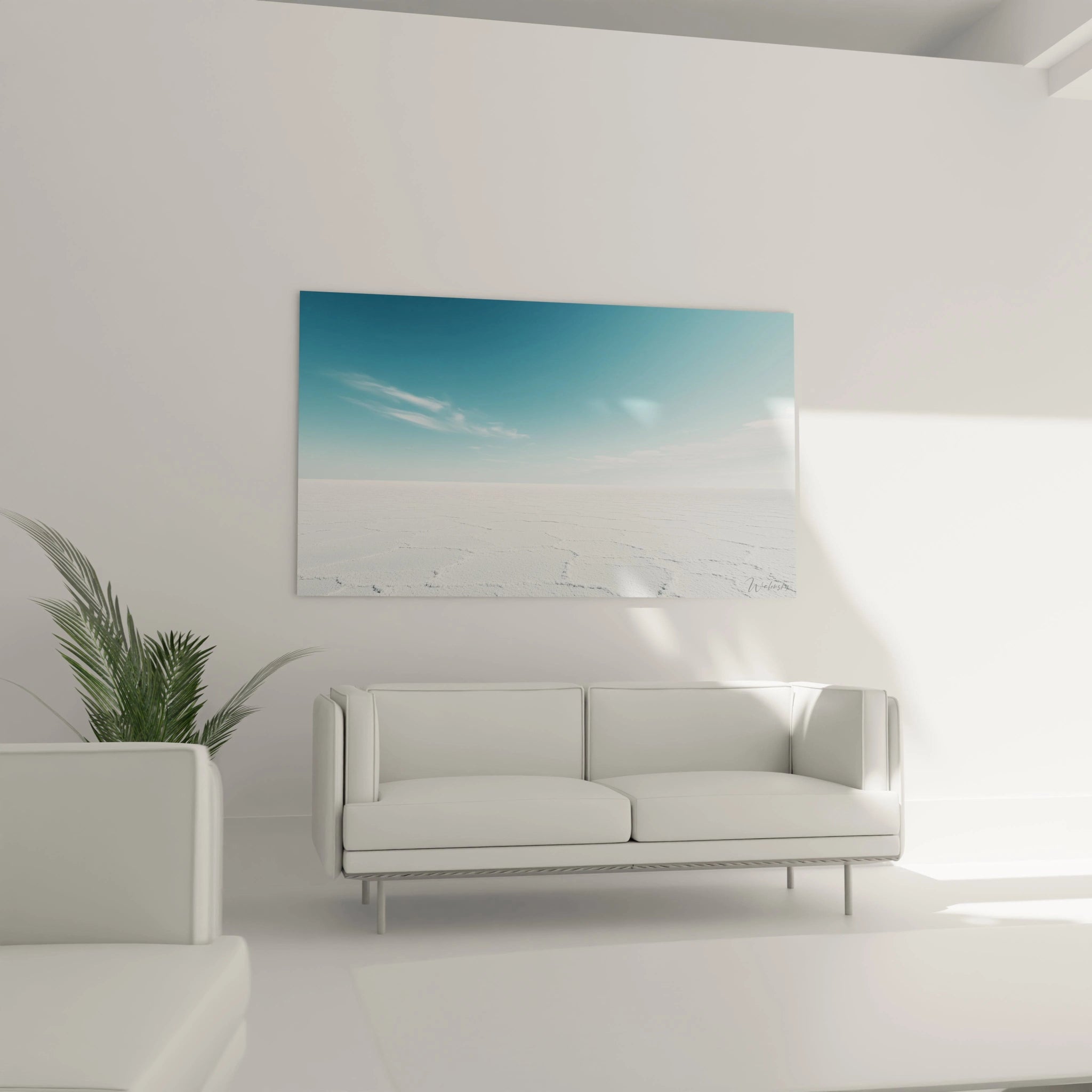 Tableau désert blanc montrant une étendue cristalline aux motifs géométriques naturels sous un ciel bleu clair, avec une lumière éclatante qui révèle les textures subtiles de la surface et accentue la pureté du paysage.
