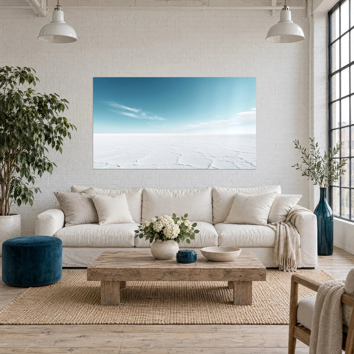 Tableau désert de sel craquelé sous un ciel turquoise dégradé, voile blanc effilé, au-dessus d'un canapé dans un salon lumineux