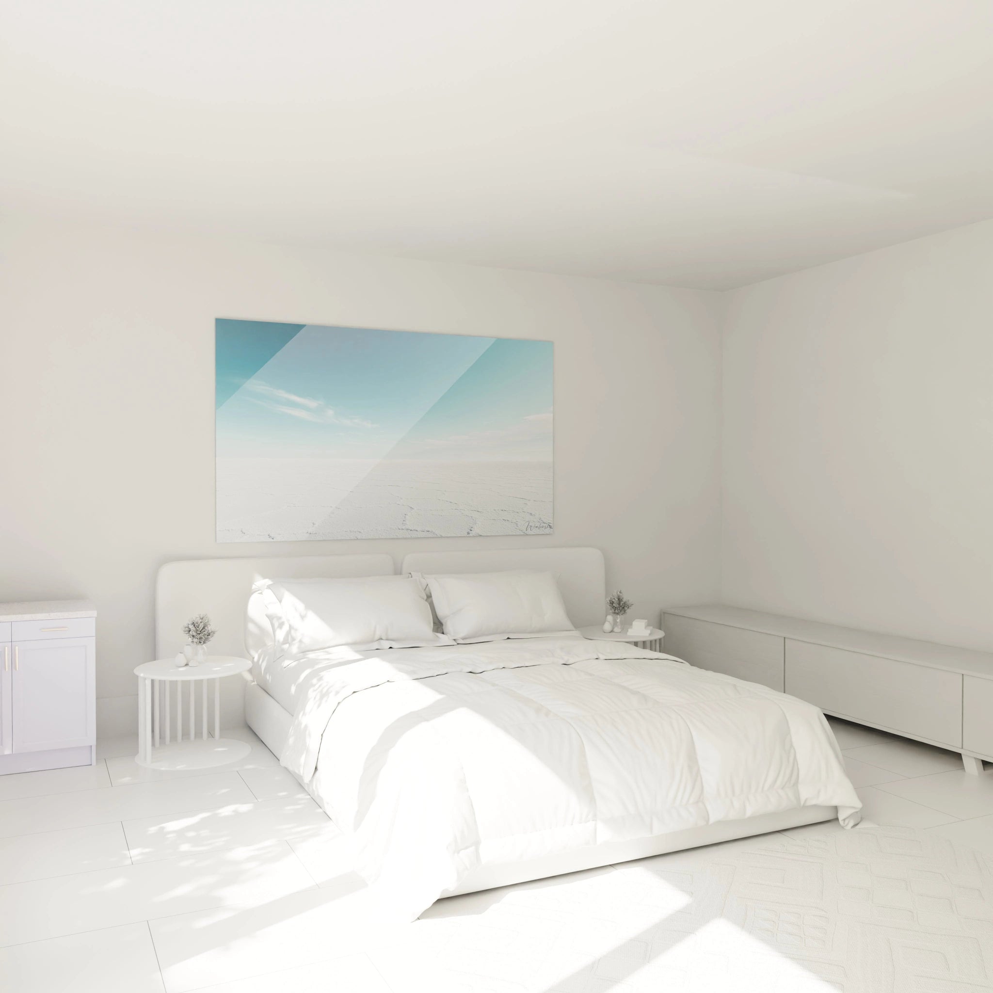 Tableau paysage minimaliste capturant la rencontre entre une plaine saline blanche texturée et un ciel bleu dégradé, où la ligne d'horizon parfaitement centrée crée une symétrie apaisante et une impression d'espace infini.
