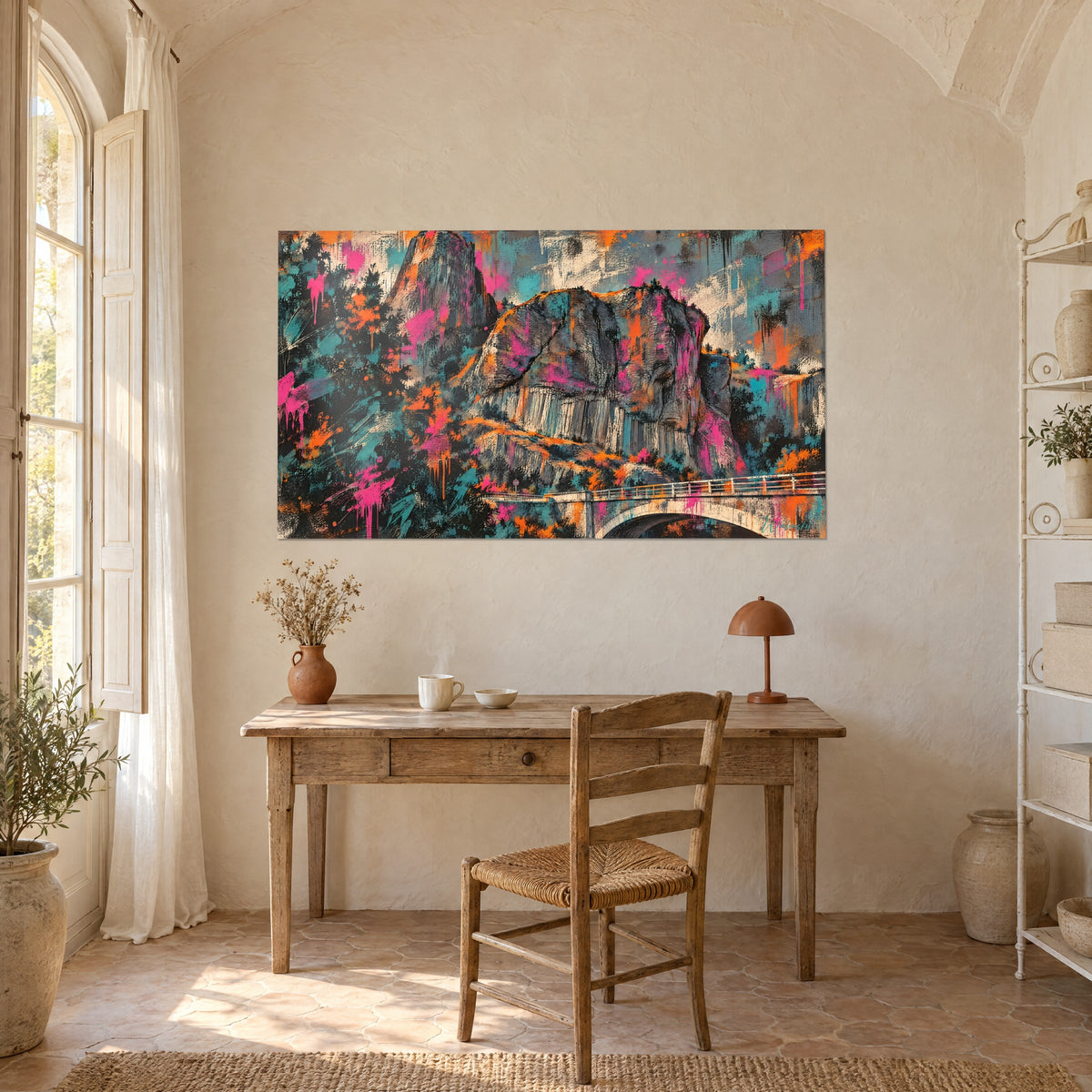 Wall art rock face of basalt columns, pink and orange flashes on a dark background, above a wooden desk, Provençal farmhouse