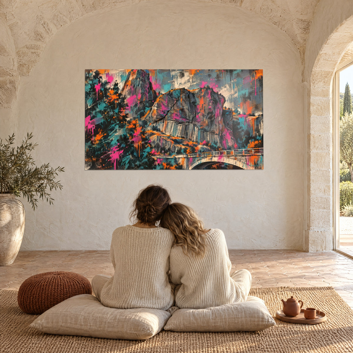 Wall art Puy-en-Velay in vibrant painting, grey rock framed by turquoise foliage and pink highlights, under the vaults of a Provençal farmhouse
