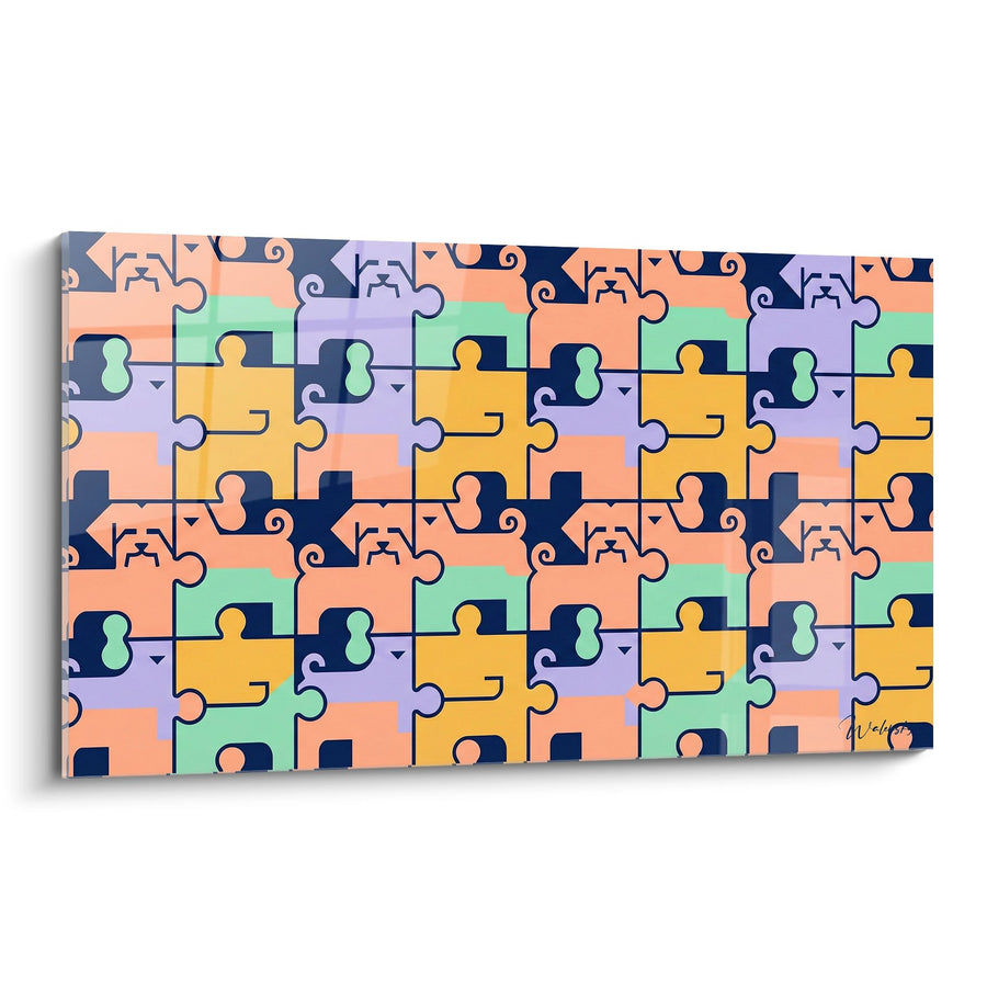 Multicolorig Puzzel Schilderij met Geometrische Motieven - Artistieke Assemblage - Bichon Maltais Editie