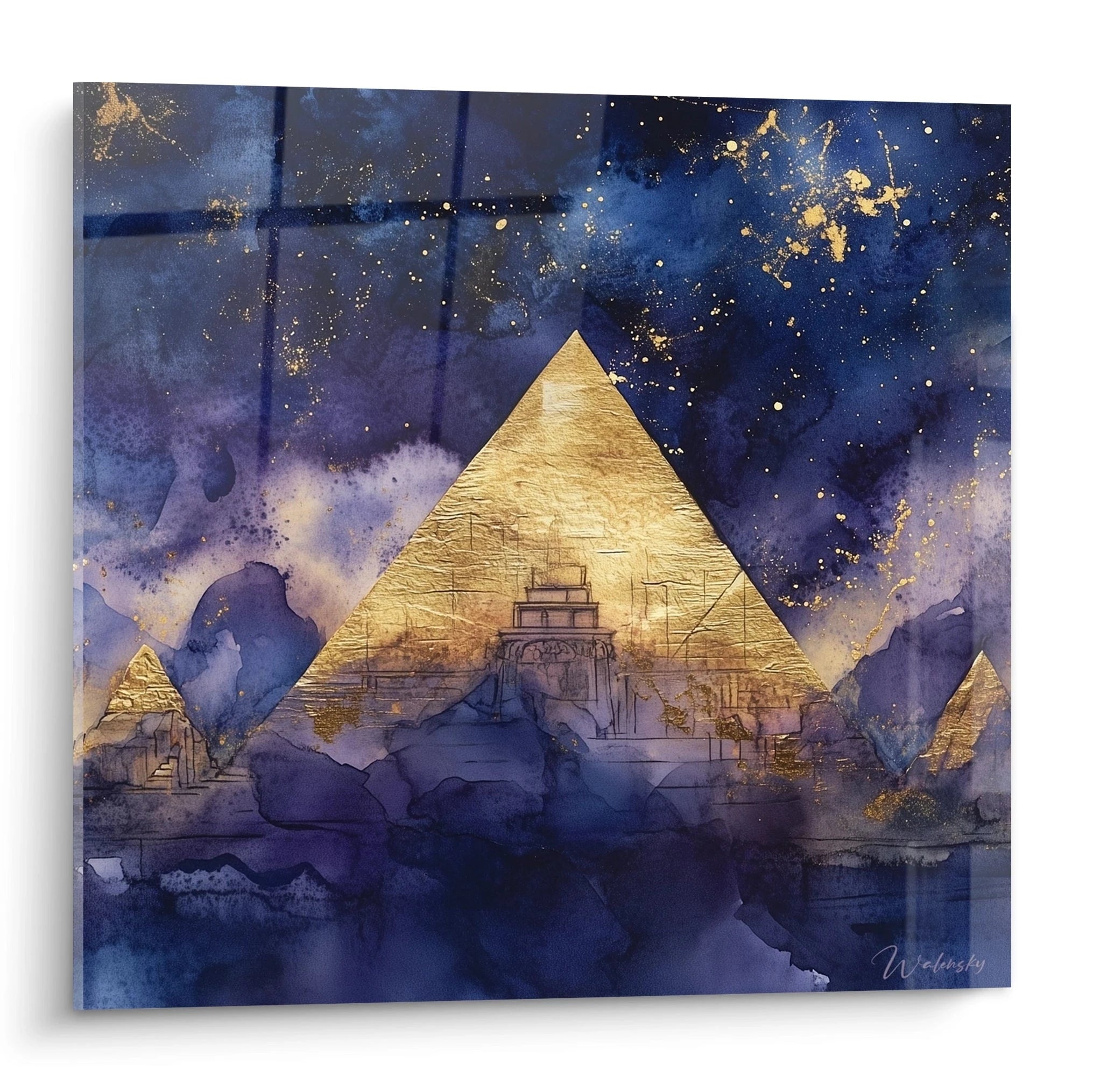 Tableau Egypte mural Walensky représentant des pyramides dorées sur fond bleu nuit artistique