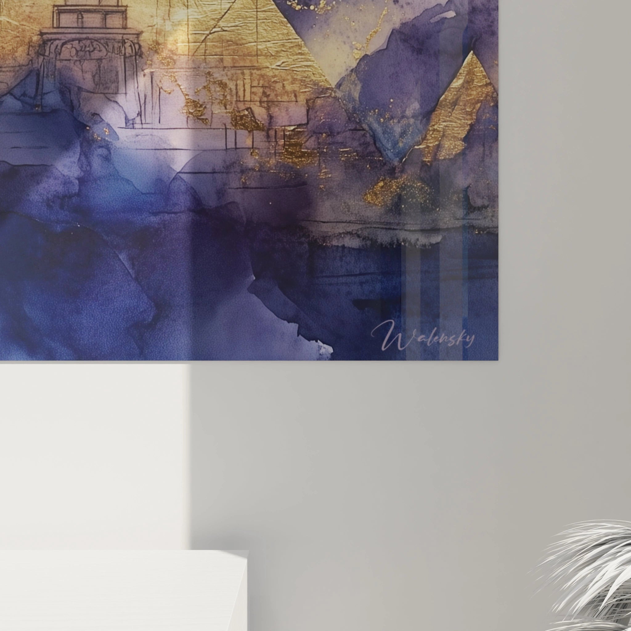 Tableau mural Egypte de Walensky avec pyramides dorées et motifs bleus artistiques