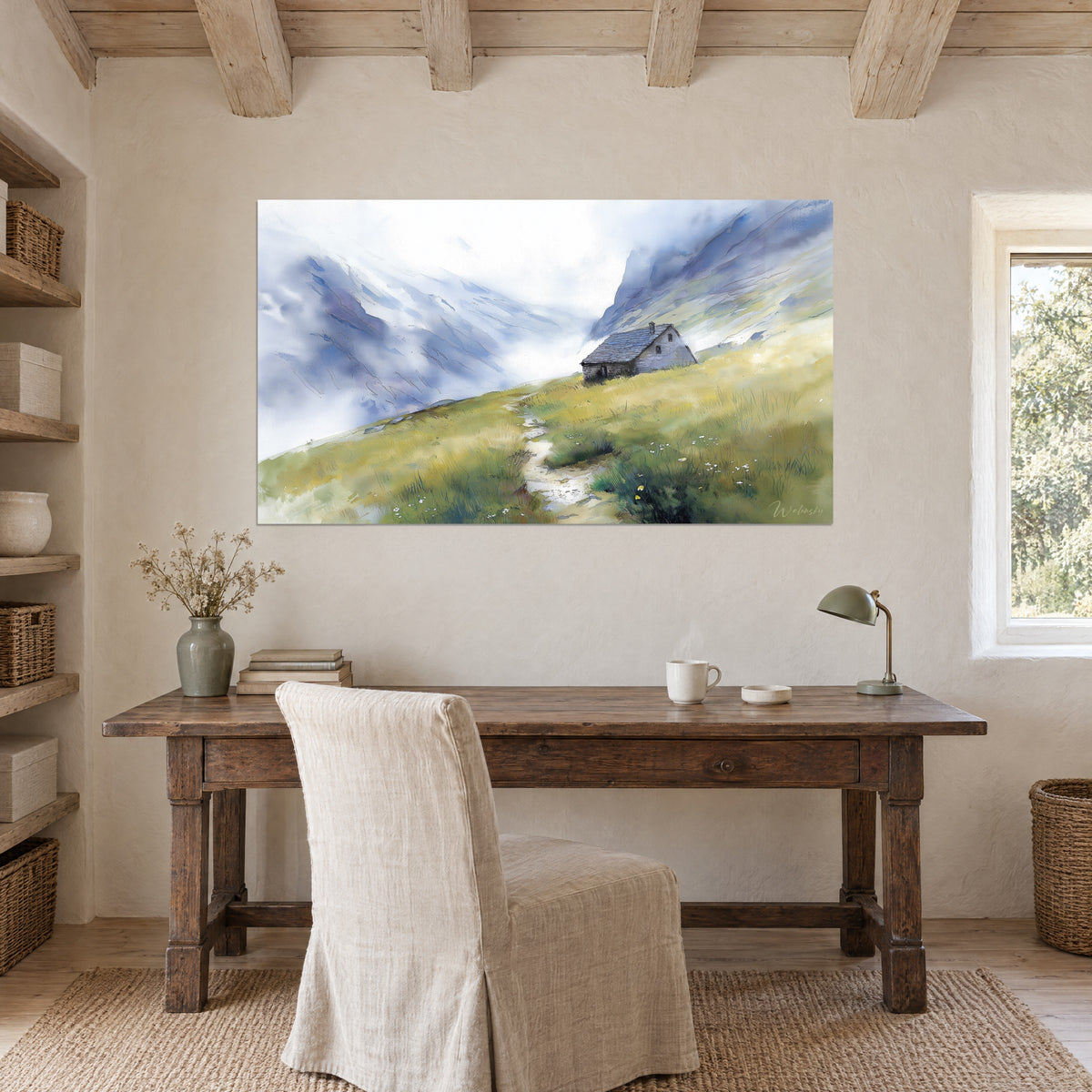 Wall art Pyrenean valley and its lonely sheepfold, white clouds, slate-blue mountains, green meadow, above a wooden desk