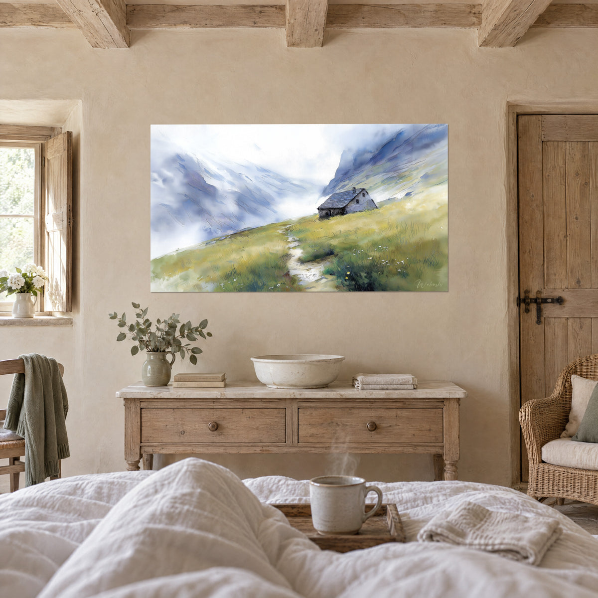 Wall art muddy path winding toward a sheepfold, ochre and olive green pasture, bluish haze, above a bed in a bright bedroom
