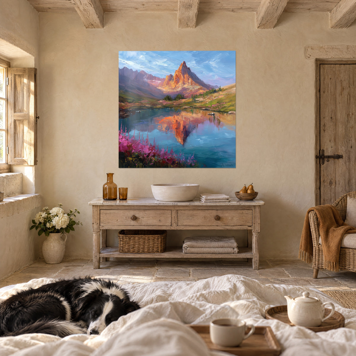Gemälde einer goldenen Granitnadel und blauer Seespiegelung, rosa Weidenröschen, schlafender Collie, über einem Bett in einem hellen Schlafzimmer