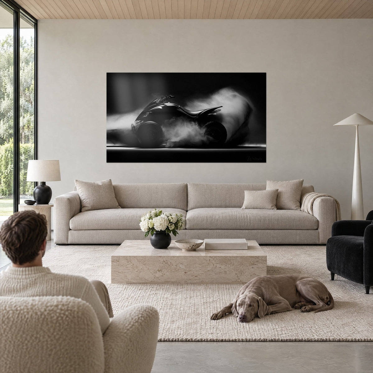 Wall art glossy black quad in a cloud of white smoke, dark background, a Weimaraner lying above a sofa in a bright living room