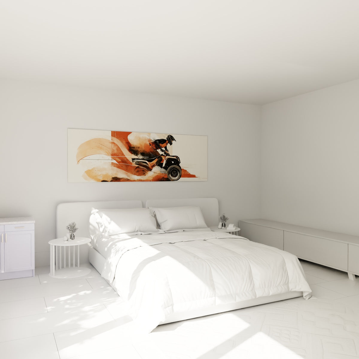 Pilote de quad noir surgissant d'une vague ocre et terracotta, au-dessus d'un lit dans une chambre claire
