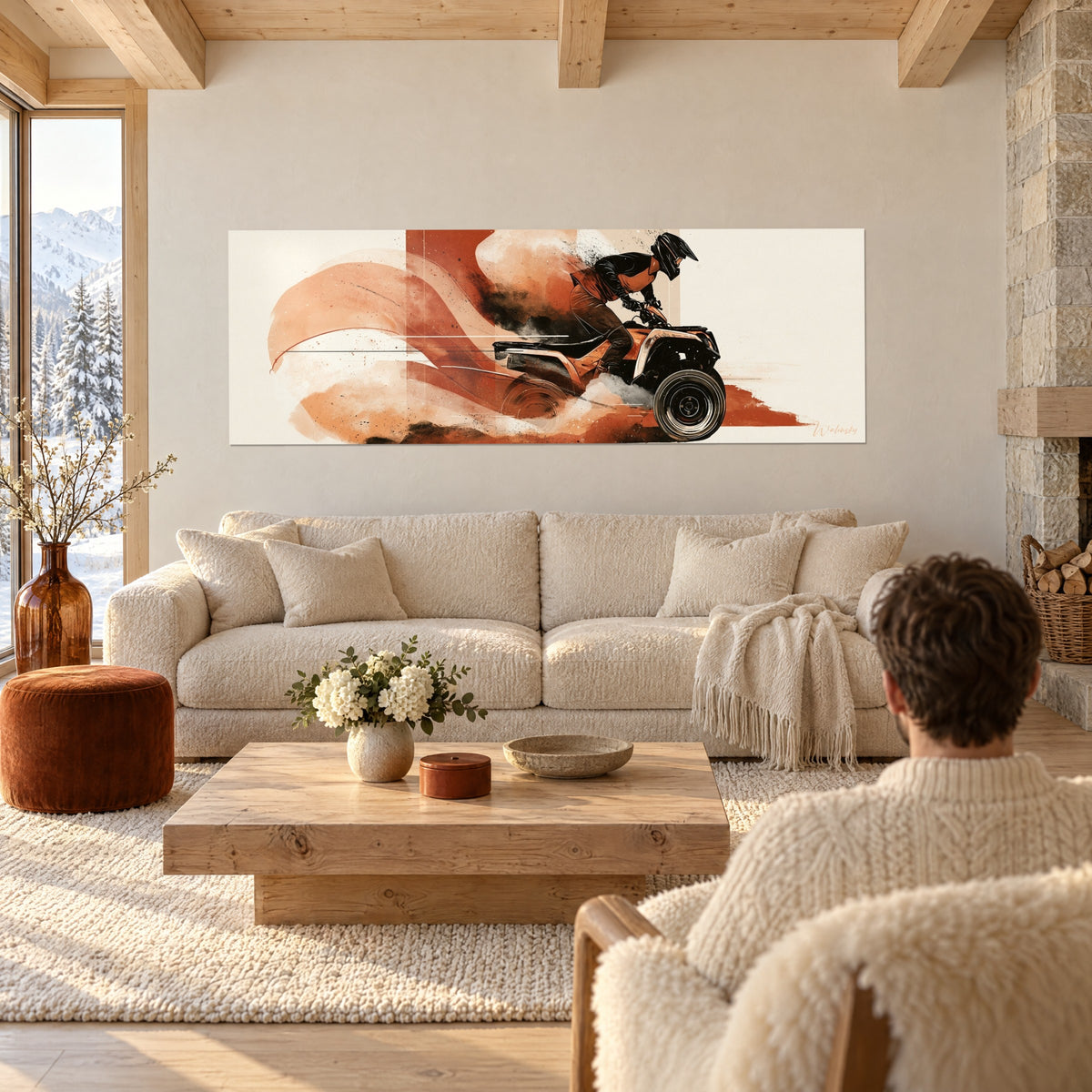 Wall art of a quad bike tilted in a cloud of terracotta and black dust, large format, above a sofa in a bright living room