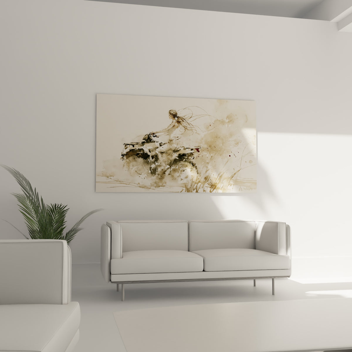 Scène de conduite en aquarelle beige et sépia, au-dessus d'un canapé dans un salon lumineux