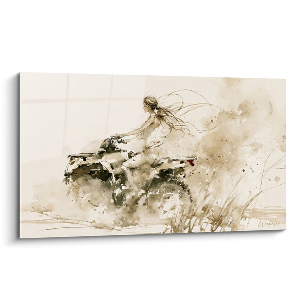 Tableau Cavalière brune et sépia cheveux dénoués - Herbes hautes éclaboussées - Edition Quad